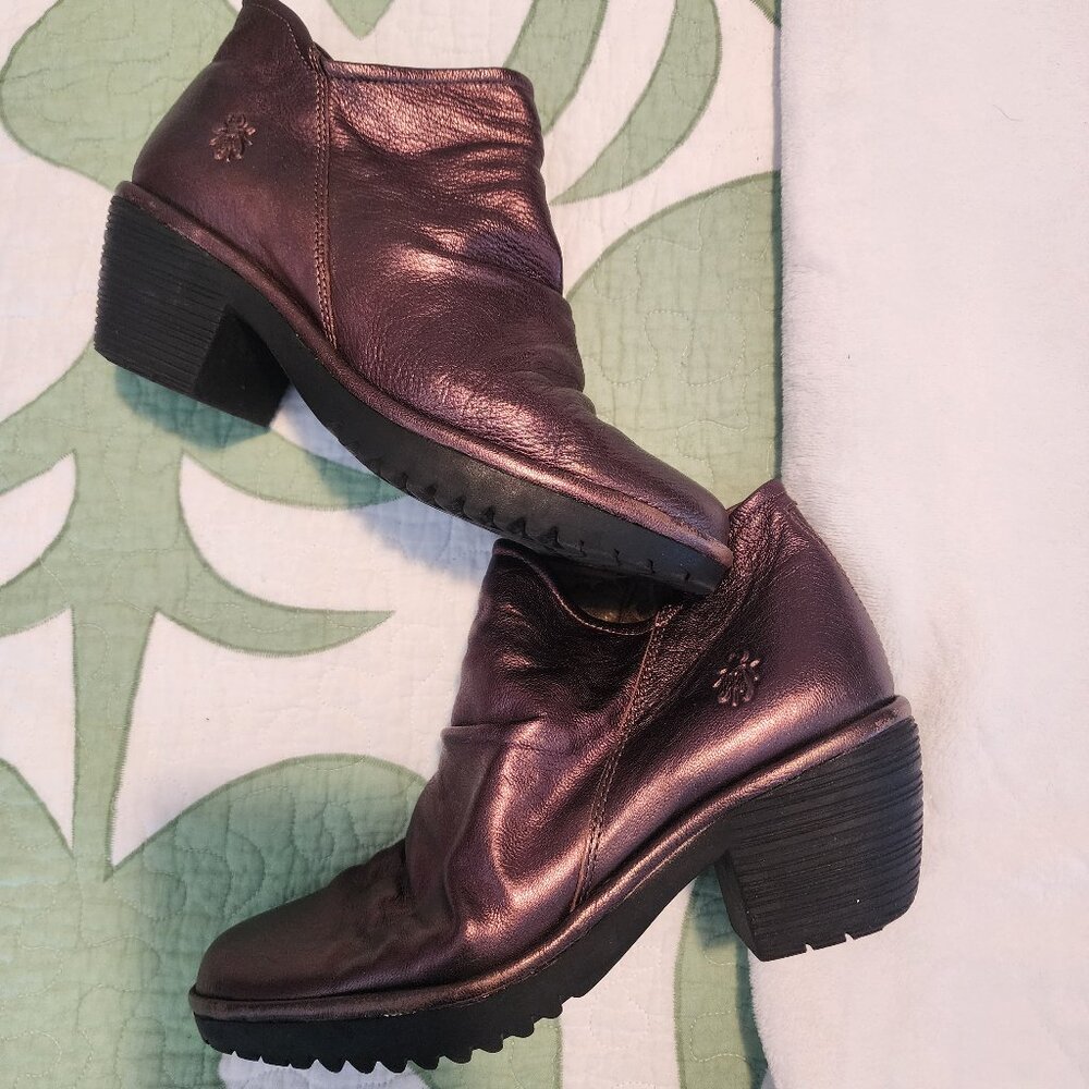 ✨ FLY London Yip Metallic Bronze Ruched Ankle Booties – Oil-Slick Magic ✨
